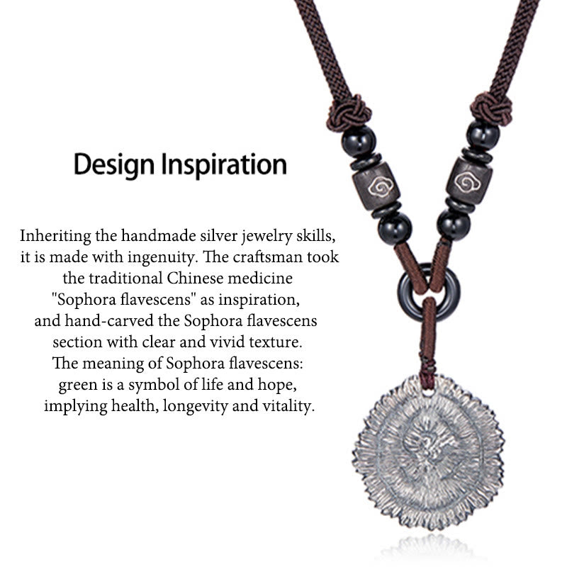 Collar con colgante de cuerda de algodón de Sophora Flavescens de plata de ley 999 con piedras de Buda