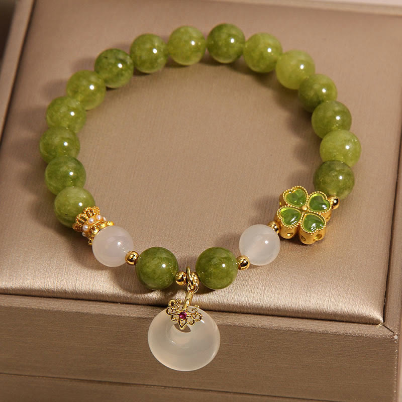 Pulsera de sabiduría con dije de paz y hebilla de trébol de cuatro hojas con turmalina verde y calcedonia de Buda