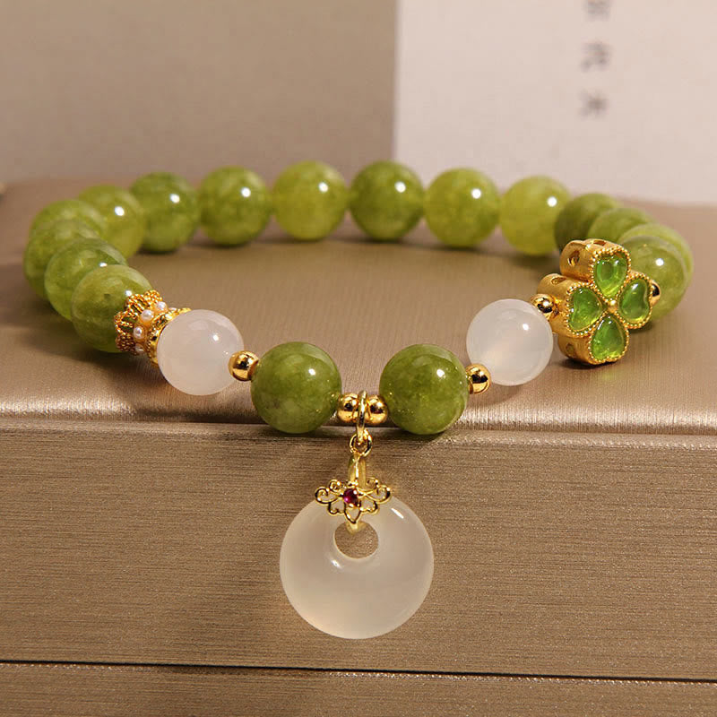 Pulsera de sabiduría con dije de paz y hebilla de trébol de cuatro hojas con turmalina verde y calcedonia de Buda