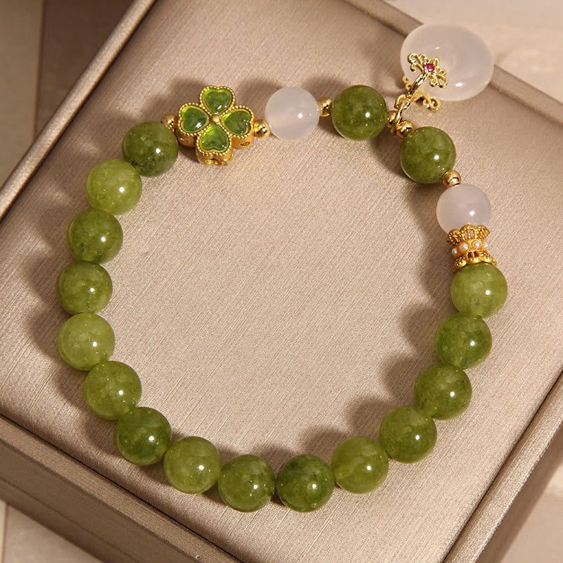 Pulsera de sabiduría con dije de paz y hebilla de trébol de cuatro hojas con turmalina verde y calcedonia de Buda