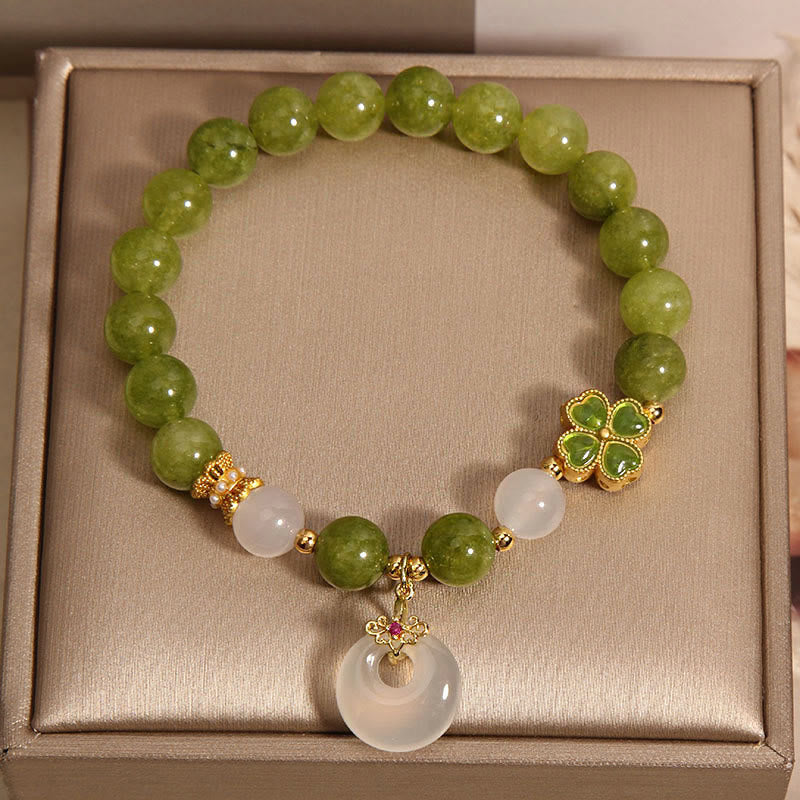 Pulsera de sabiduría con dije de paz y hebilla de trébol de cuatro hojas con turmalina verde y calcedonia de Buda