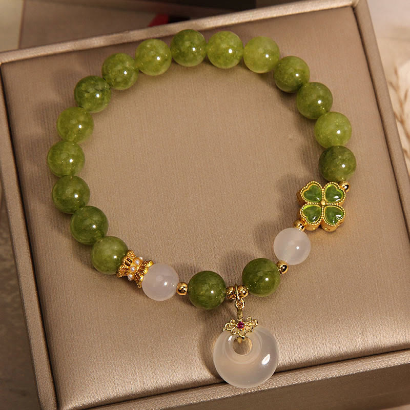 Pulsera de sabiduría con dije de paz y hebilla de trébol de cuatro hojas con turmalina verde y calcedonia de Buda