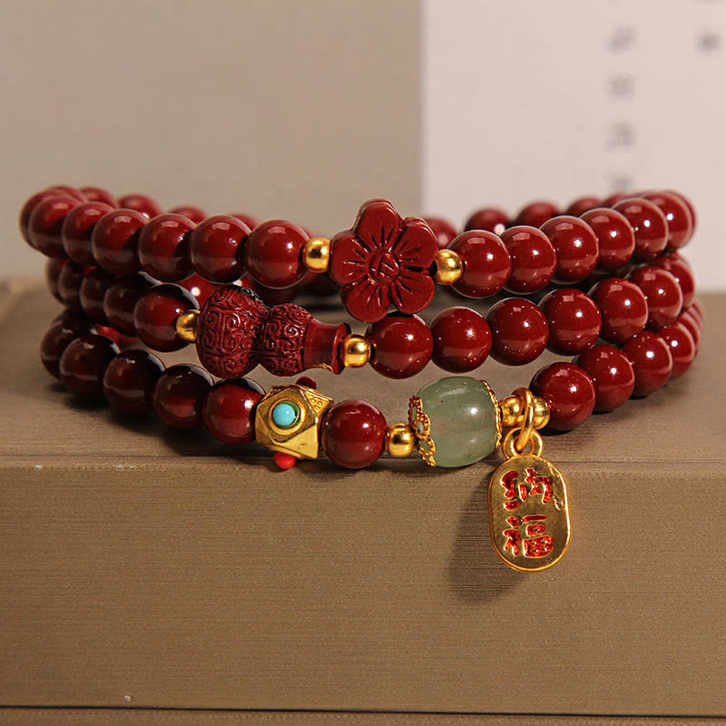Pulsera de bendición de triple vuelta con calabaza, flor y personaje fu de cinabrio y piedras de Buda