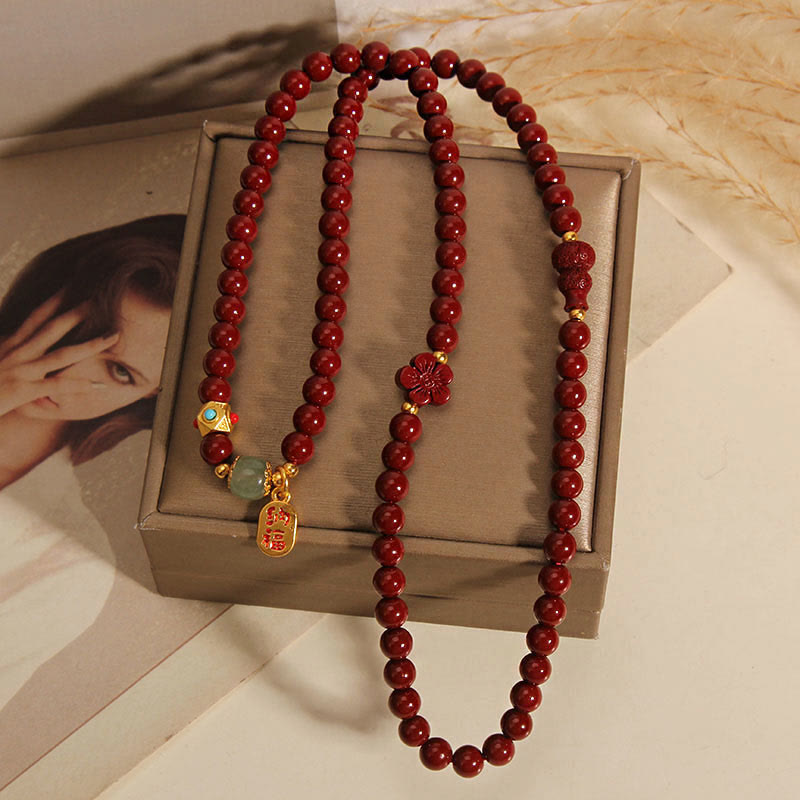 Pulsera de bendición de triple vuelta con calabaza, flor y personaje fu de cinabrio y piedras de Buda