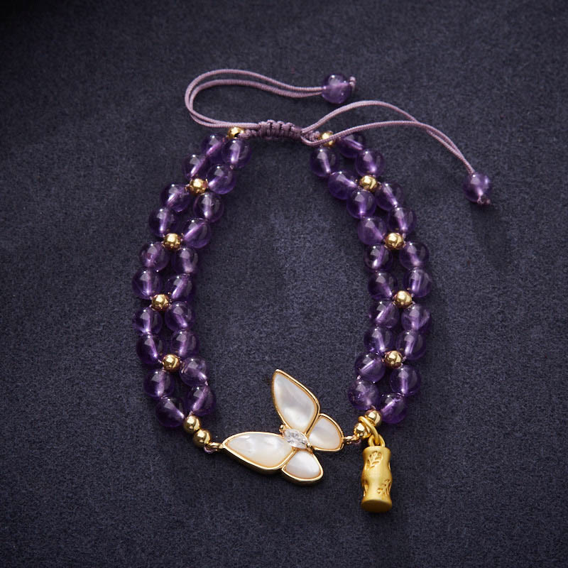 Pulsera de hilo trenzado con piedras de Buda, amatista, mariposa y bambú que alivia el estrés.