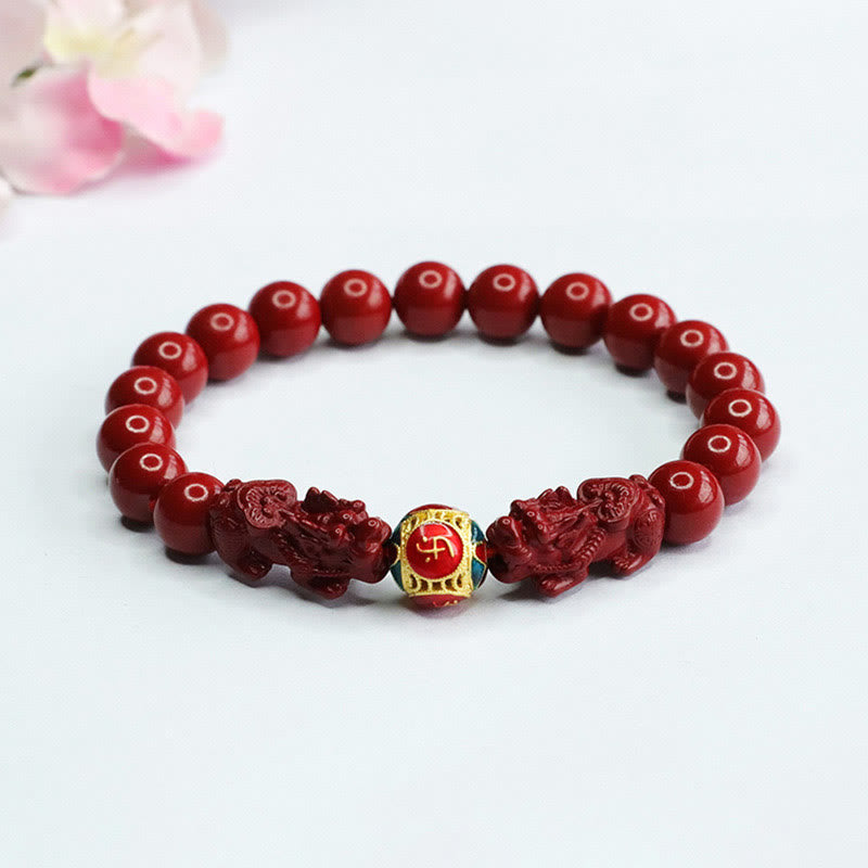 Pulsera de Buda con piedras de cinabrio y doble PIXIU que aleja los malos espíritus