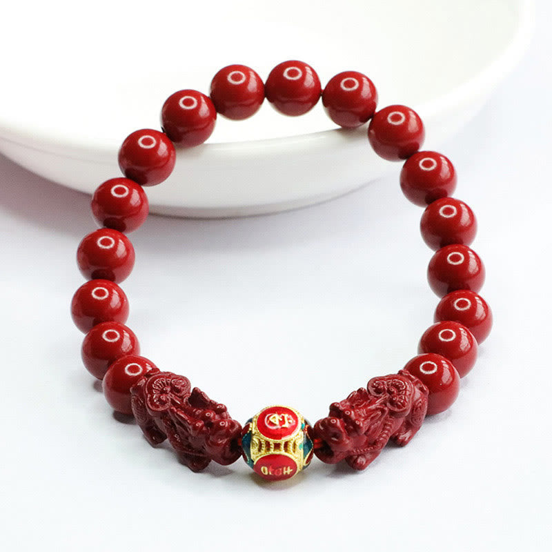 Pulsera de Buda con piedras de cinabrio y doble PIXIU que aleja los malos espíritus