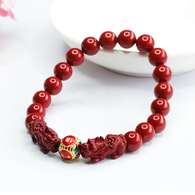 Pulsera de Buda con piedras de cinabrio y doble PIXIU que aleja los malos espíritus