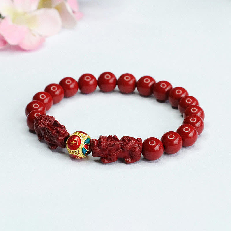 Pulsera de Buda con piedras de cinabrio y doble PIXIU que aleja los malos espíritus