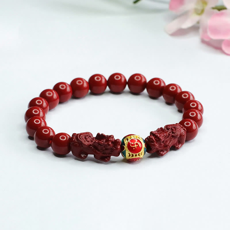 Pulsera de Buda con piedras de cinabrio y doble PIXIU que aleja los malos espíritus