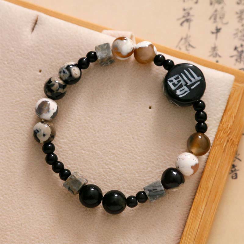 Pulsera con piedras de Buda, ónix negro, cerámica, ágata, piedra negra brillante, personaje de la fortuna Fu