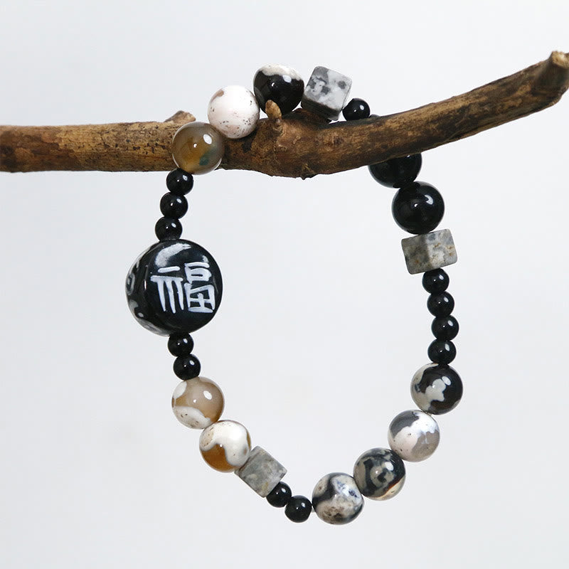 Pulsera con piedras de Buda, ónix negro, cerámica, ágata, piedra negra brillante, personaje de la fortuna Fu