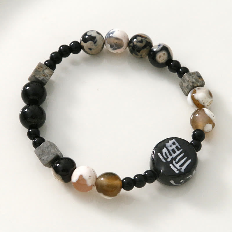 Pulsera con piedras de Buda, ónix negro, cerámica, ágata, piedra negra brillante, personaje de la fortuna Fu