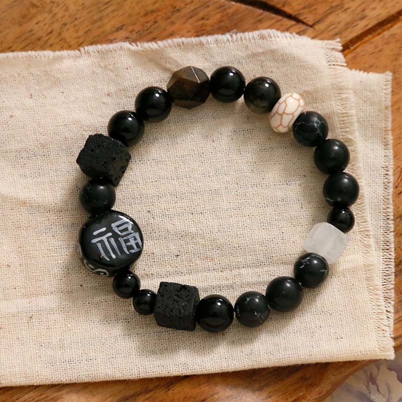 Pulsera con piedras de Buda, ónix negro, cerámica, ágata, piedra negra brillante, personaje de la fortuna Fu