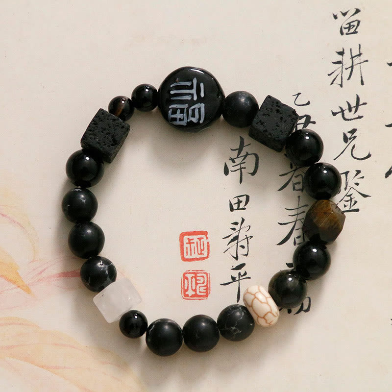 Pulsera con piedras de Buda, ónix negro, cerámica, ágata, piedra negra brillante, personaje de la fortuna Fu