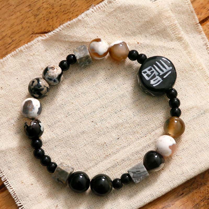 Pulsera con piedras de Buda, ónix negro, cerámica, ágata, piedra negra brillante, personaje de la fortuna Fu