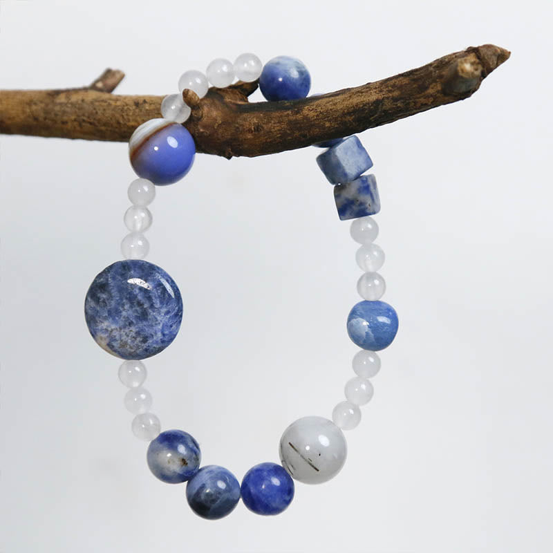 Pulsera de piedras de Buda con aventurina azul, ágata, jade y cuarzo rutilado negro