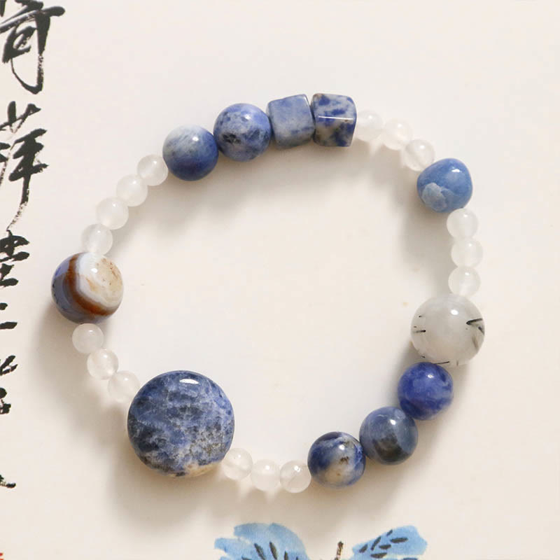 Pulsera de piedras de Buda con aventurina azul, ágata, jade y cuarzo rutilado negro