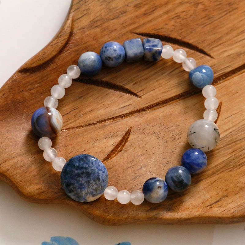 Pulsera de piedras de Buda con aventurina azul, ágata, jade y cuarzo rutilado negro