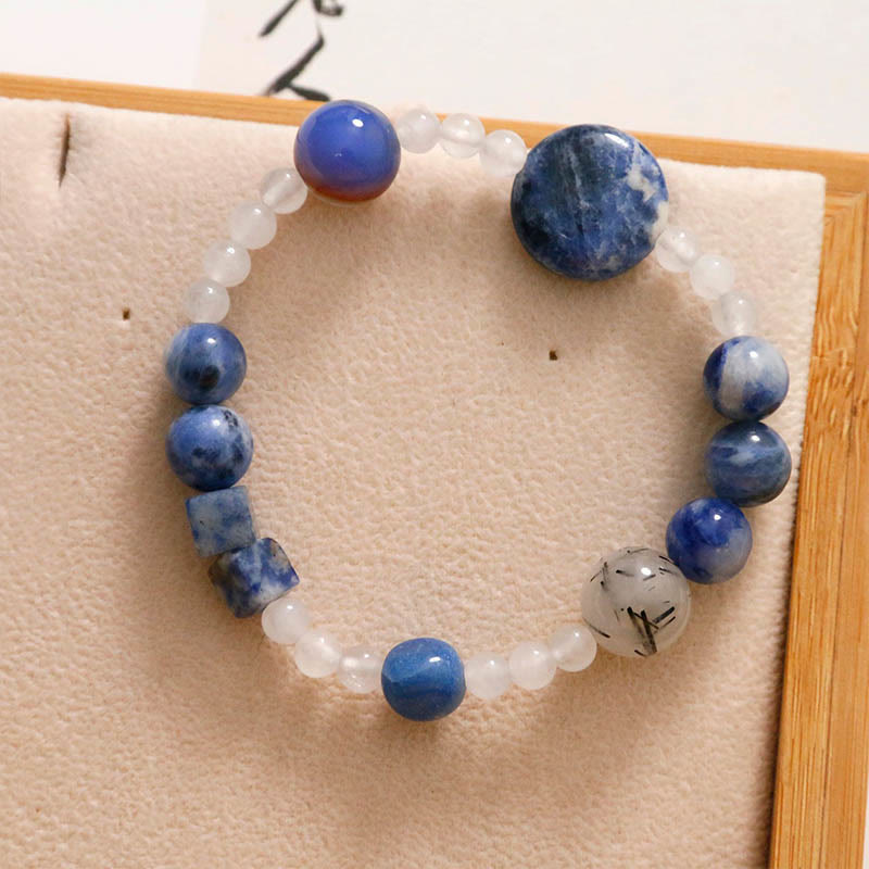 Pulsera de piedras de Buda con aventurina azul, ágata, jade y cuarzo rutilado negro