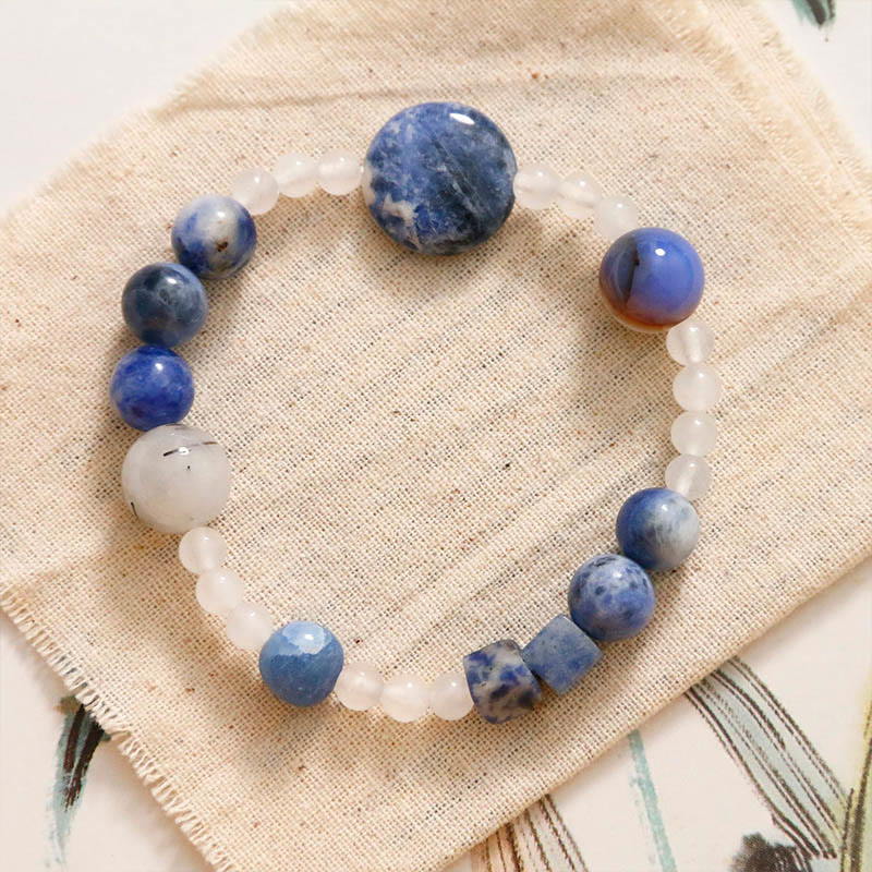 Pulsera de piedras de Buda con aventurina azul, ágata, jade y cuarzo rutilado negro