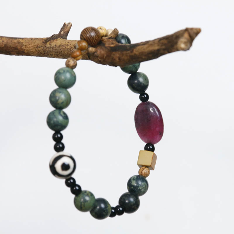 Pulsera de cuentas Dzi de tres ojos de ágata verde con piedras de Buda para el éxito
