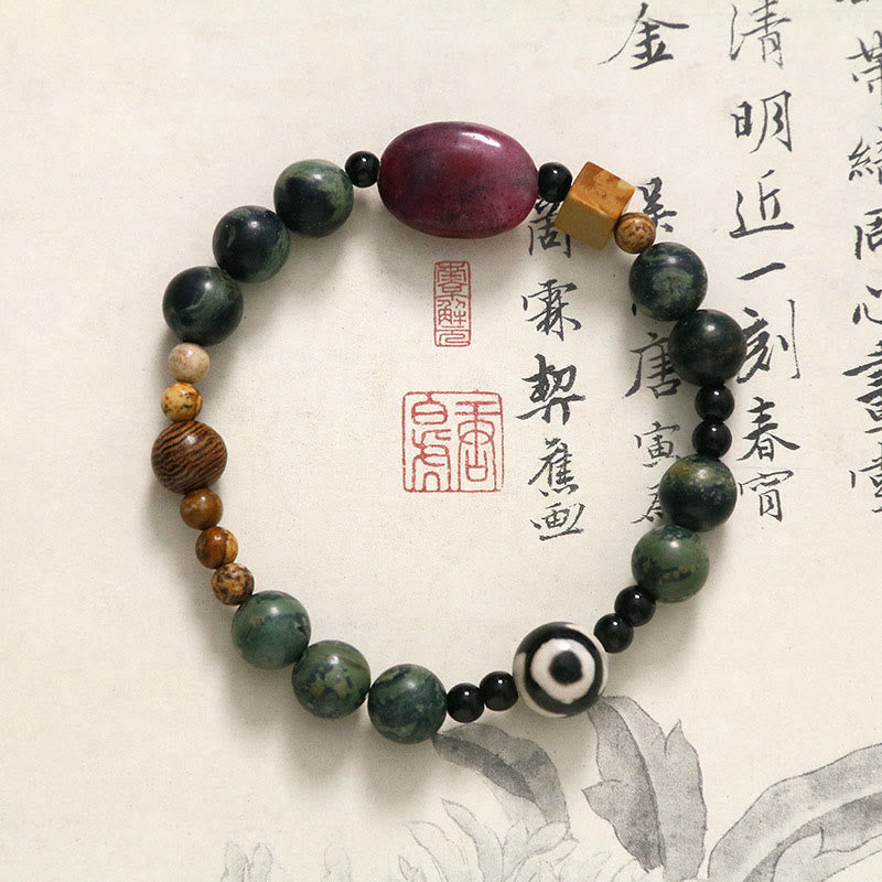 Pulsera de cuentas Dzi de tres ojos de ágata verde con piedras de Buda para el éxito