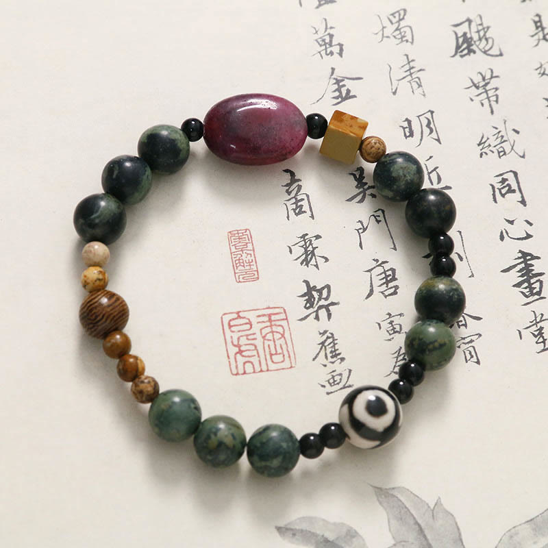 Pulsera de cuentas Dzi de tres ojos de ágata verde con piedras de Buda para el éxito