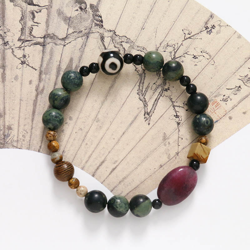 Pulsera de cuentas Dzi de tres ojos de ágata verde con piedras de Buda para el éxito