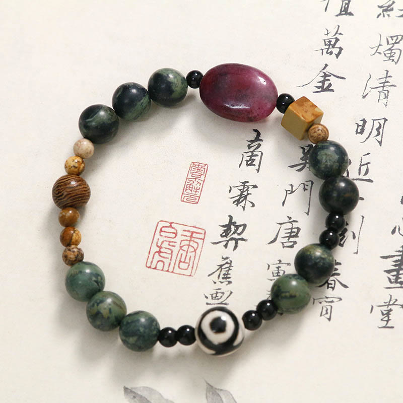 Pulsera de cuentas Dzi de tres ojos de ágata verde con piedras de Buda para el éxito