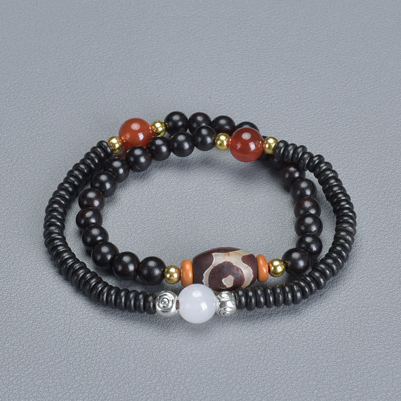 Pulsera de doble vuelta con cuentas Dzi de sándalo verde y ébano con piedras de Buda, equilibrio y calma