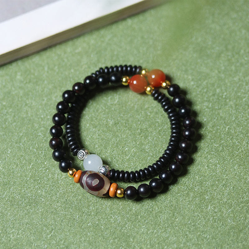 Pulsera de doble vuelta con cuentas Dzi de sándalo verde y ébano con piedras de Buda, equilibrio y calma