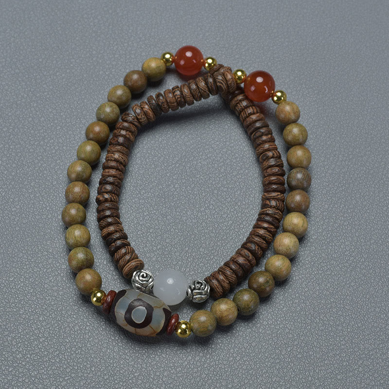 Pulsera de doble vuelta con cuentas Dzi de sándalo verde y ébano con piedras de Buda, equilibrio y calma