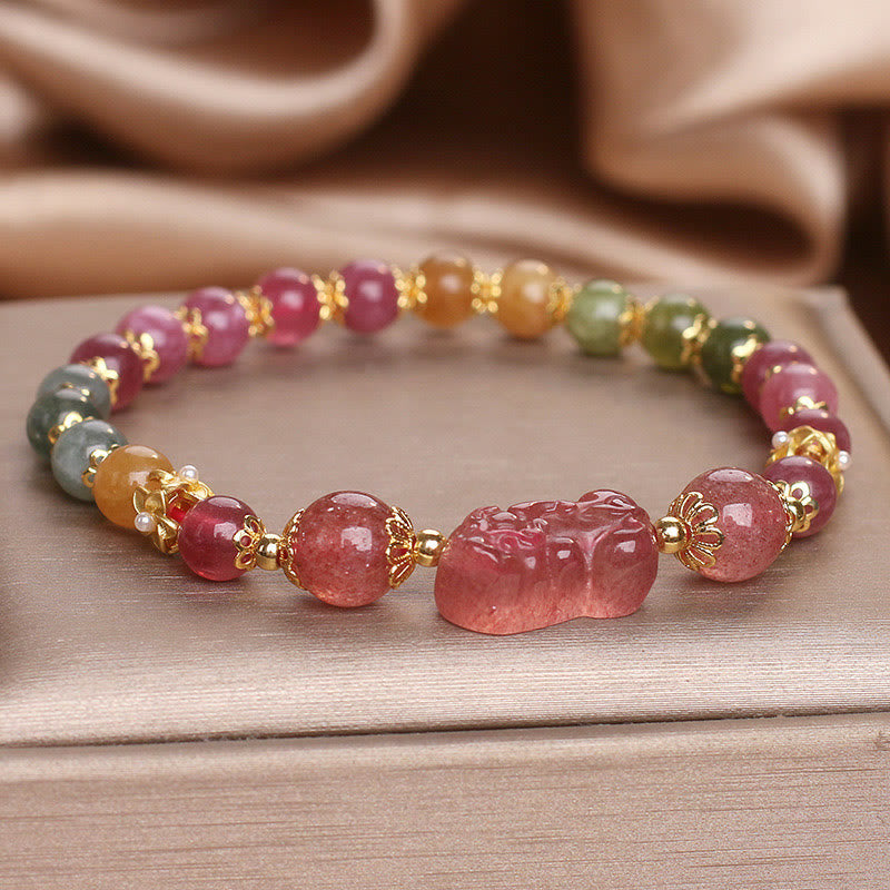 Pulsera PIXIU Love con piedras de Buda, turmalina, cuarzo fresa y cristal rosa