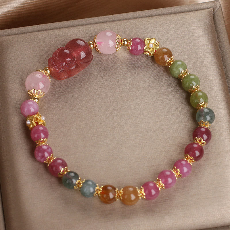 Pulsera PIXIU Love con piedras de Buda, turmalina, cuarzo fresa y cristal rosa