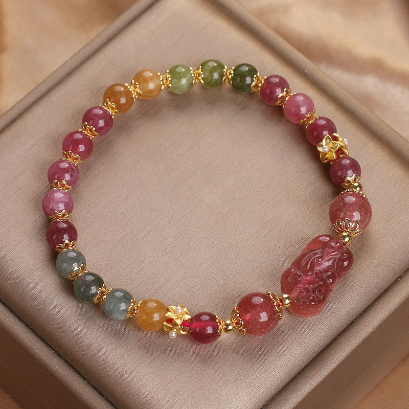 Pulsera PIXIU Love con piedras de Buda, turmalina, cuarzo fresa y cristal rosa