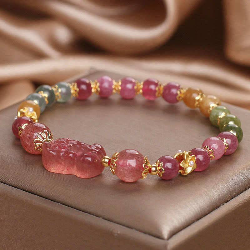 Pulsera PIXIU Love con piedras de Buda, turmalina, cuarzo fresa y cristal rosa