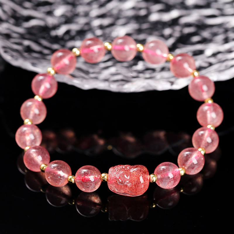 Pulsera de cristal rosa cálido con piedras de Buda y varios cristales PIXIU