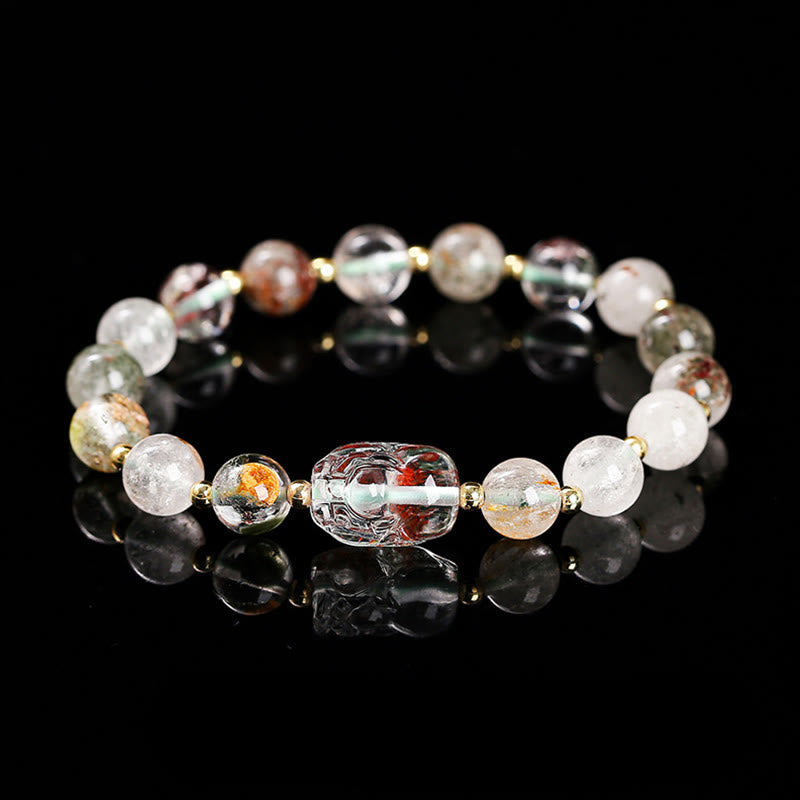 Pulsera de cristal rosa cálido con piedras de Buda y varios cristales PIXIU