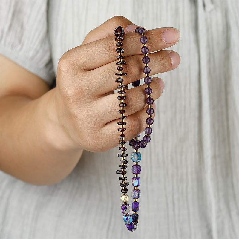 Pulsera de comunicación de triple vuelta con piedras de Buda, amatista, granate y piedra emperador