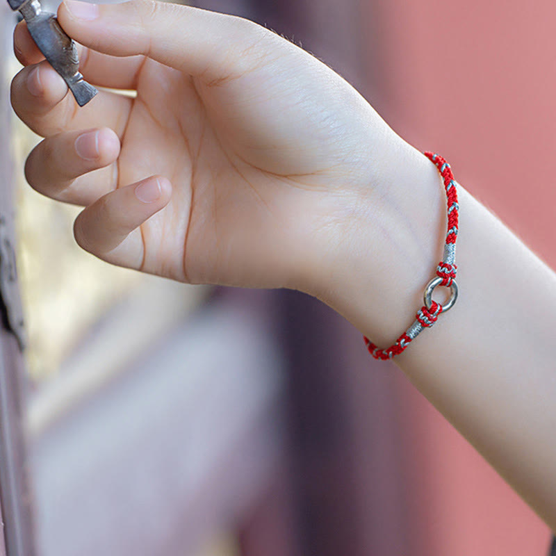 Pulsera de hilo de la suerte con hebilla de paz y piedras de Buda en plata de ley 925