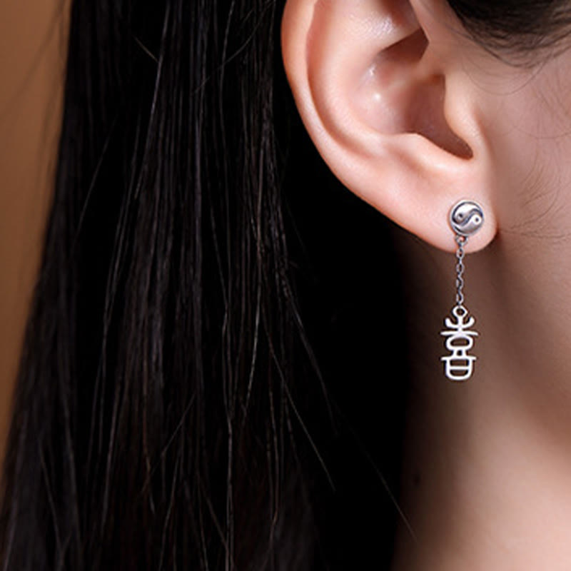Pendientes de protección con piedras de Buda en plata de ley 925 con caracteres chinos "Ping An" y "Xi Le"