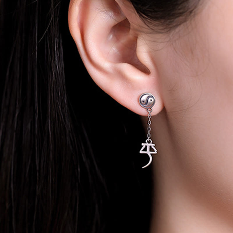Pendientes de protección con piedras de Buda en plata de ley 925 con caracteres chinos "Ping An" y "Xi Le"