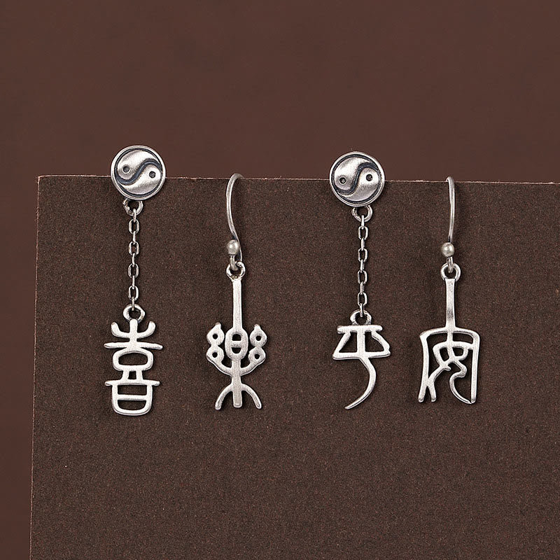 Pendientes de protección con piedras de Buda en plata de ley 925 con caracteres chinos "Ping An" y "Xi Le"
