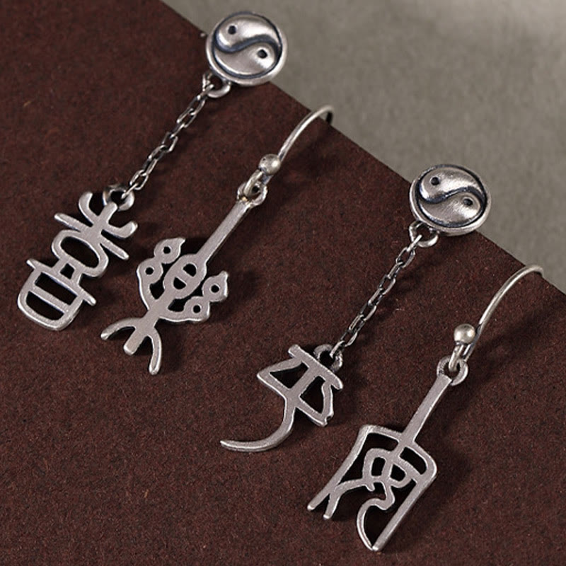 Pendientes de protección con piedras de Buda en plata de ley 925 con caracteres chinos "Ping An" y "Xi Le"