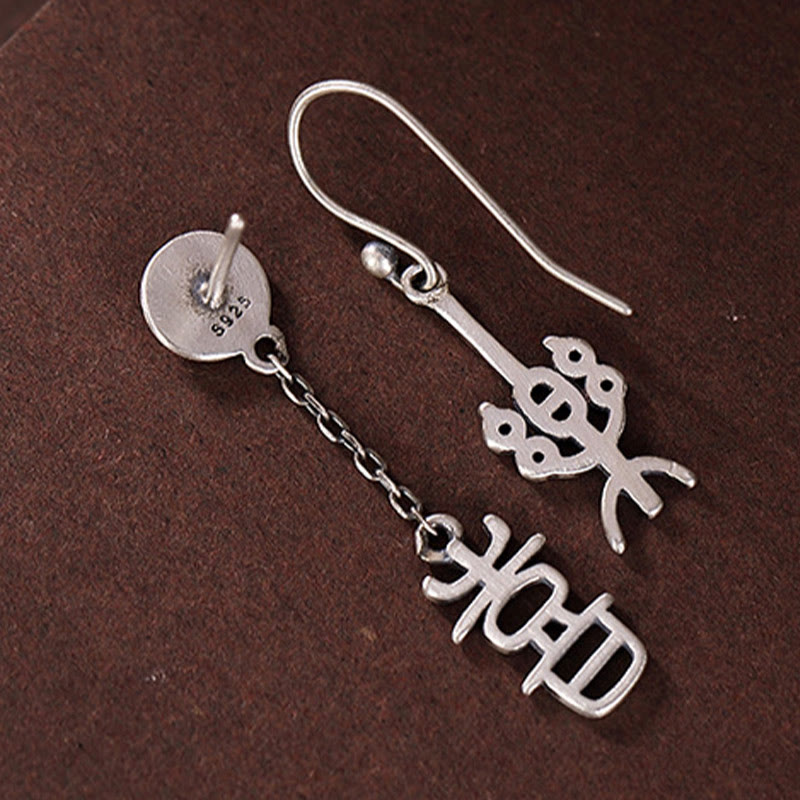Pendientes de protección con piedras de Buda en plata de ley 925 con caracteres chinos "Ping An" y "Xi Le"