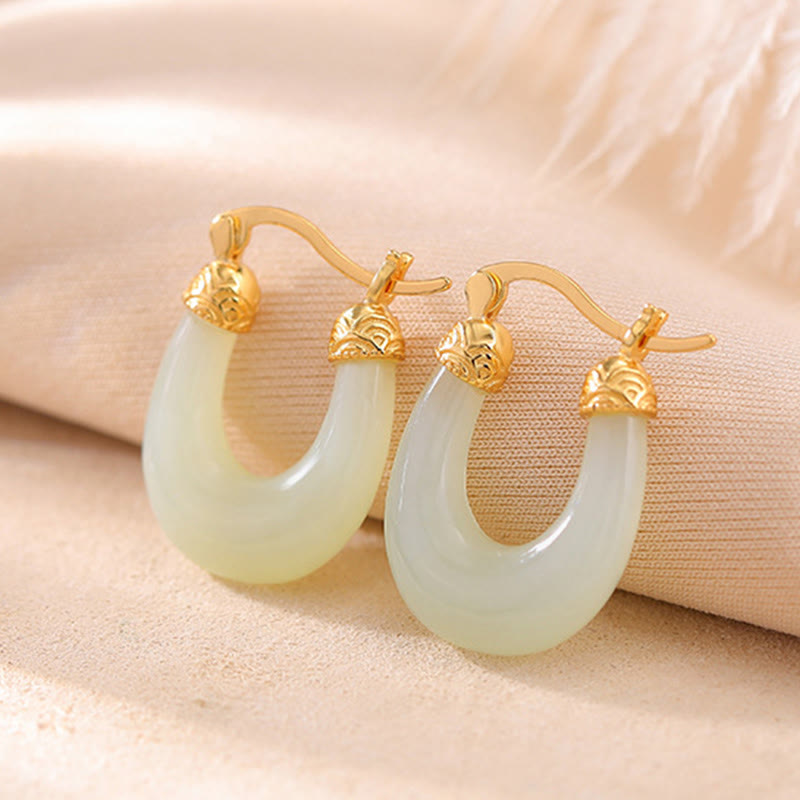 Pendientes de jade hetiano en forma de U con piedras de Buda, chapados en plata de ley 925 y chapados en oro, para la abundancia y la suerte.