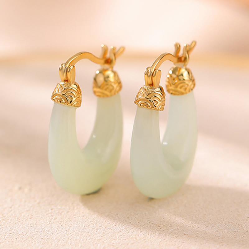 Pendientes de jade hetiano en forma de U con piedras de Buda, chapados en plata de ley 925 y chapados en oro, para la abundancia y la suerte.