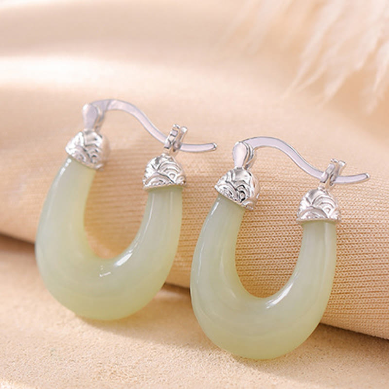 Pendientes de jade hetiano en forma de U con piedras de Buda, chapados en plata de ley 925 y chapados en oro, para la abundancia y la suerte.