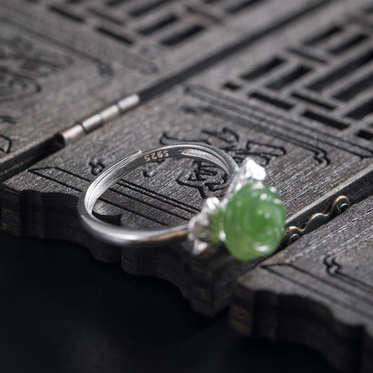 Buddha Stones 925 Sterling Silber Jade Grüne Rose Glück Verstellbarer Ring